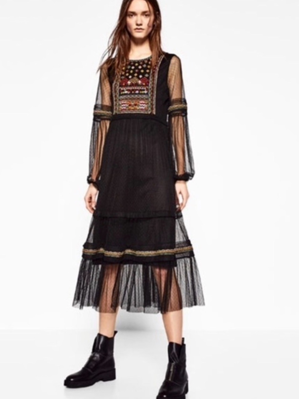 Zara Black Midi Dress with Embroidered Panel